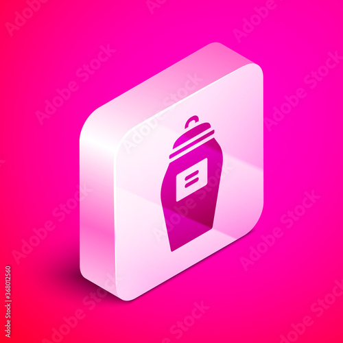 Isometric Funeral urn icon isolated on pink background. Cremation and burial containers, columbarium vases, jars and pots with ashes. Silver square button. Vector.
