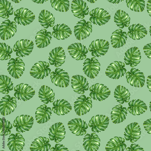 Watercolor monstera leaves hand drawn seamless pattern. © Volha