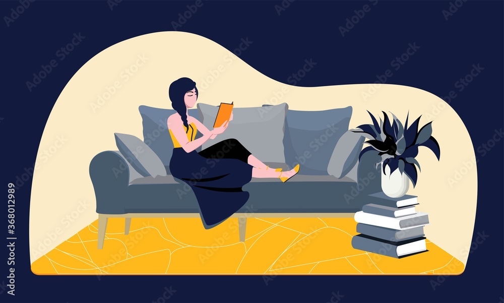 A woman is reading at home. Modern illustration. The concept of quarantine and self-isolation. Horizontal format. A woman is reading at home. Modern illustration. The concept of quarantine and self-isolation. Horizontal format.