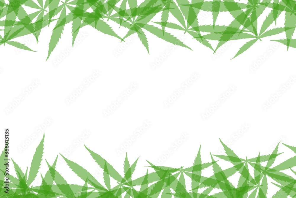 Frame formed with hemp leaves isolated on white background. Green cannabis leaves background. Drug marijuana herb leaves shapes with copyspace for text.