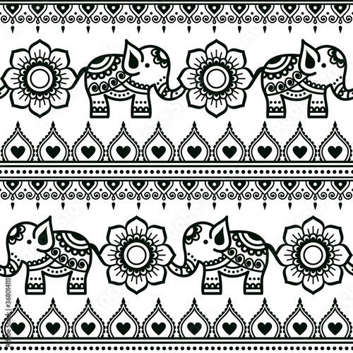 Mehndi Indian vector pattern with elephants, flowers and geometric shapes, henna tattoo style design
