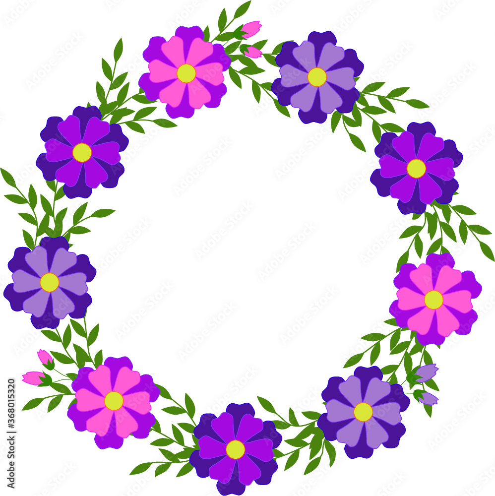 A wreath of pink, lilac and purple flowers