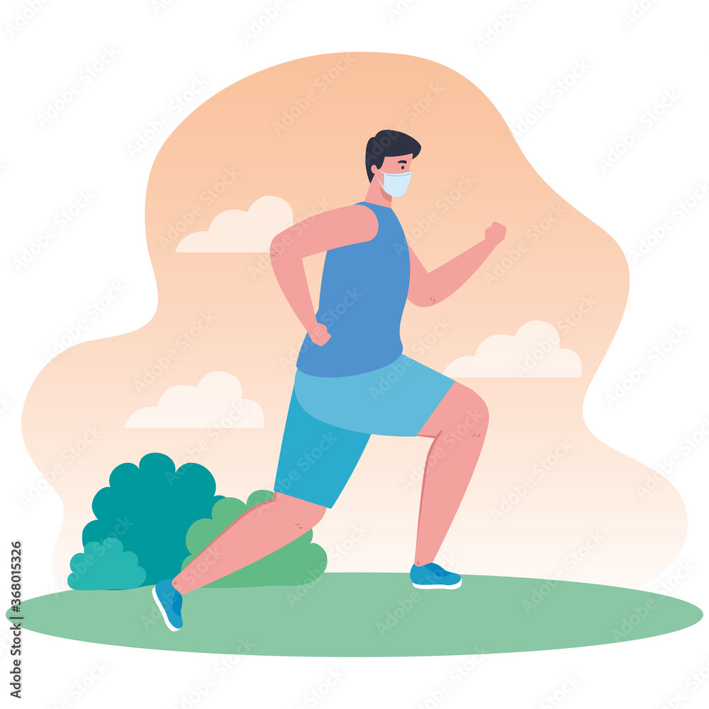 man running wearing medical mask outdoor, prevention coronavirus covid 19 vector illustration design
