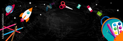 Back to school horizontal long banner background with bag backpack and school supplies, rocket and stars