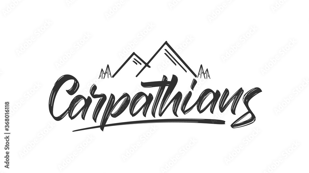 Vector Handwritten calligraphy lettering of Carpathians. Mountains badge with peaks and trees.