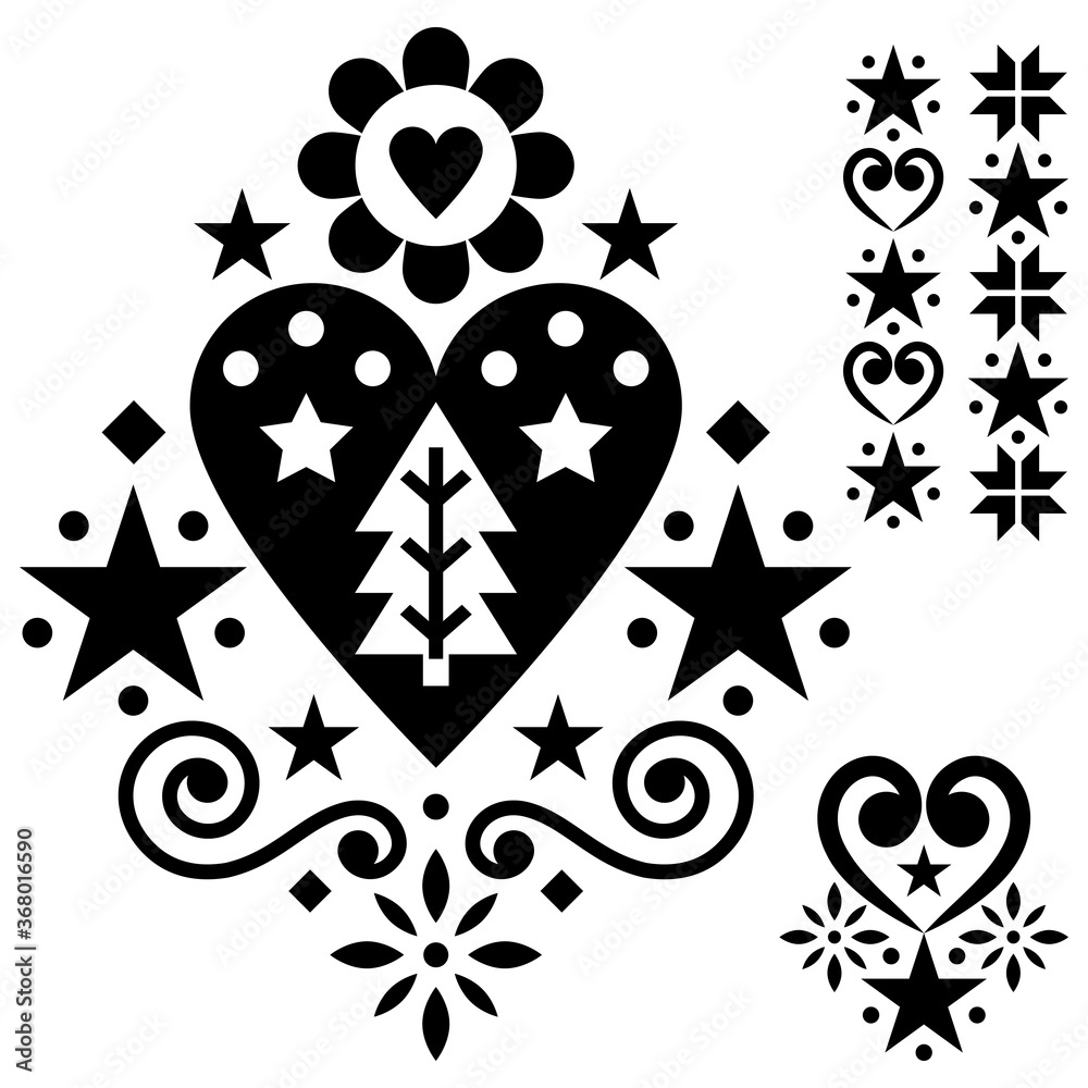 Christmas Scandinavian folk art vector design set - single monochrome patterns collection with hearts, flowers, snowflakes and Christmas trees
