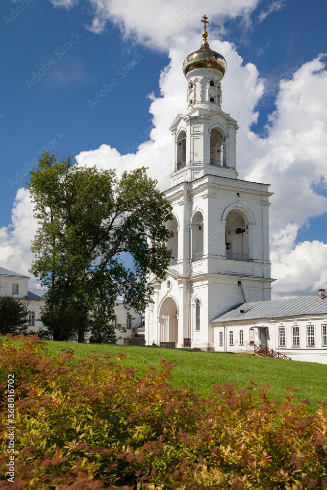 St. George's (Yuriev) Monastery, Veliky Novgorod, Russia - Bell tower of St. George's Monastery. Yurievo village, outskirts of Veliky Novgorod (Novgorod the Great). UNESCO world heritage site.