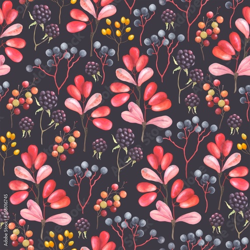 Abstraction seamless pattern with blackberry, barberry and branches plants. Vector illustration in vintage watercolor style on dark background.