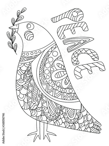 Dove of peace with olive branch detailed antistress coloring page stock vector illustration. International day of peace symbol simple black outline isolated on white illustration. 