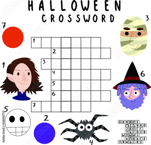 Halloween crossword for kids stock vector illustration. Simple printable square thematic crossword with answer. Simple english language word game for children with little cartoon arts illustration.