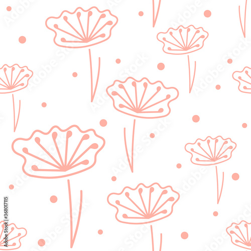 Floral seamless pattern with flowers and Polka dot . Pink plants in hand-drawn style on white background.