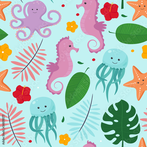 Underwater animals and tropical leaves seamless pattern. Summer concept. Cute vector illustration in cartoon style