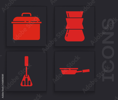 Set Frying pan, Cooking pot, Coffee turk and Spatula icon. Vector.