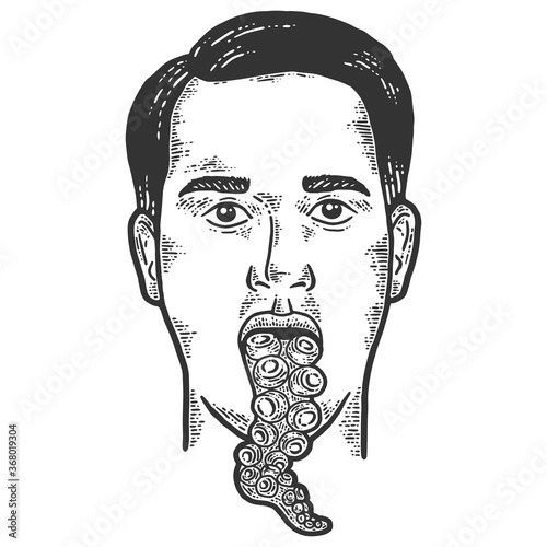 Man with octopus tentacle tongue. Sketch scratch board imitation.