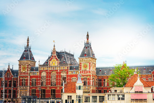 Amsterdam  Netherlands - May 23  2018   Beautiful street view of Traditional old buildings in Amsterdam Netherlands