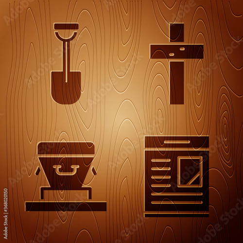 Set Obituaries, Shovel, Coffin and Christian cross on wooden background. Vector.