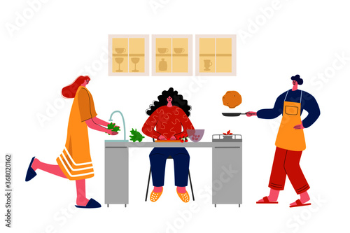People cooking at kitchen. Man and women preparing homemade meals together. Stay home. 