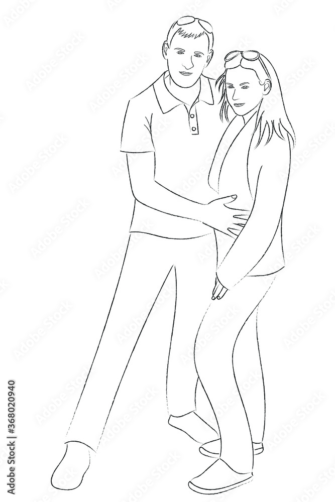 Sketch young couple, boy and girl, guy hugs a girl