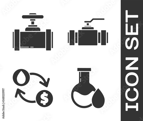 Set Oil petrol test tube, Industry metallic pipes and valve, Oil exchange, water transfer, convert and Industry metallic pipes and valve icon. Vector.