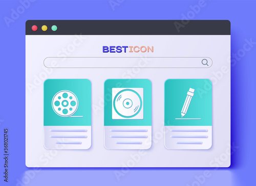 Set Vinyl disk, Film reel and Pencil with eraser icon. Vector.