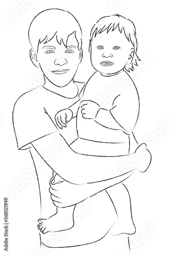 Sketch of two brothers - a teenager and a baby boy, younger brother in the arms of the older