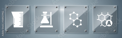 Set Chemical formula, Molecule, Test tube flask on stand and Laboratory glassware or beaker. Square glass panels. Vector.
