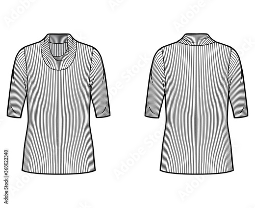 Ribbed cowl turtleneck knit sweater technical fashion illustration with elbow sleeves, oversized body, tunic length. Flat sweater apparel template front, back white color. Women, men unisex shirt top