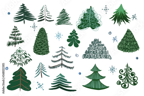 New Year trees, hand-drawn vector. Cute abstract conifer pine fir Christmas needle trees collection
