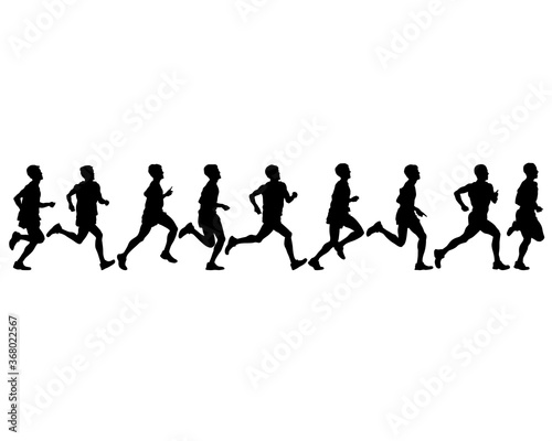 Young athletes run a marathon. Isolated silhouettes on white background