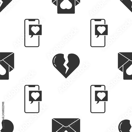 Set Envelope with heart, Broken heart or divorce and Smartphone with heart speech bubble on seamless pattern. Vector.