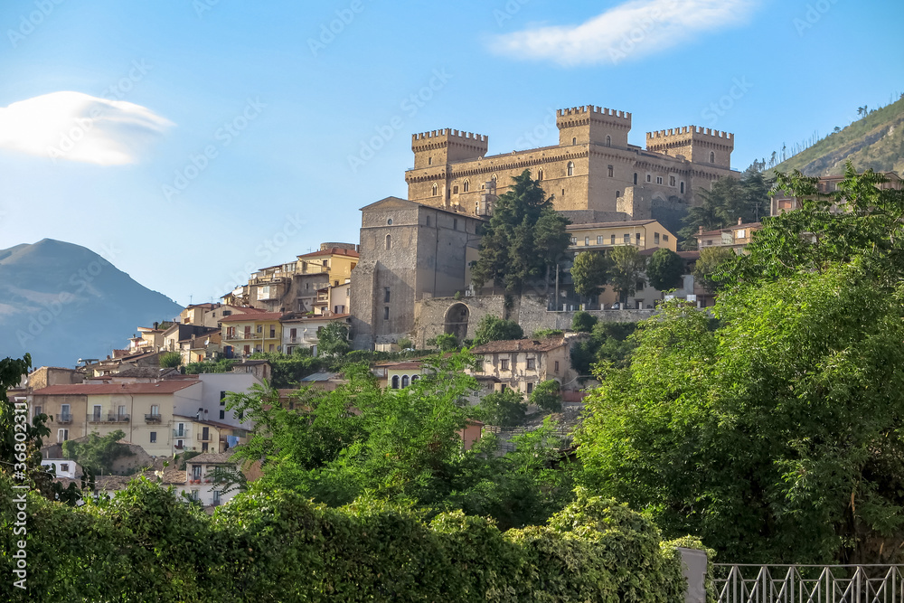 Commune of Celano, with the large Piccolomini Castle at the top of the hill, Abruzzo region, L'aquila province, Italy
