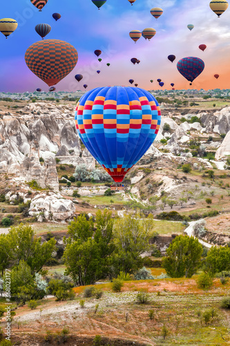 Hot air balloons Top Of Mountain Cappadocia Goreme Park Turkey.