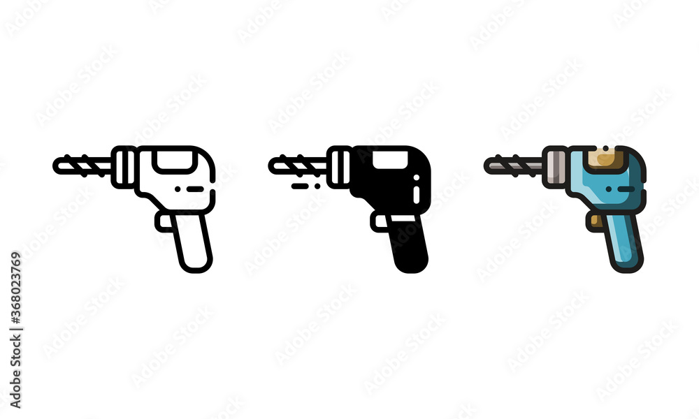 Electric drill icon. With outline, glyph, and filled outline style Electric drill icon. With outline, glyph, and filled outline style