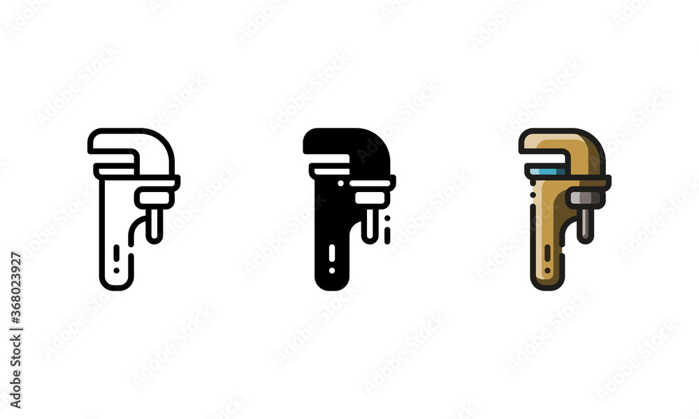 Pipe wrench icon. With outline, glyph, and filled outline style Pipe wrench icon. With outline, glyph, and filled outline style