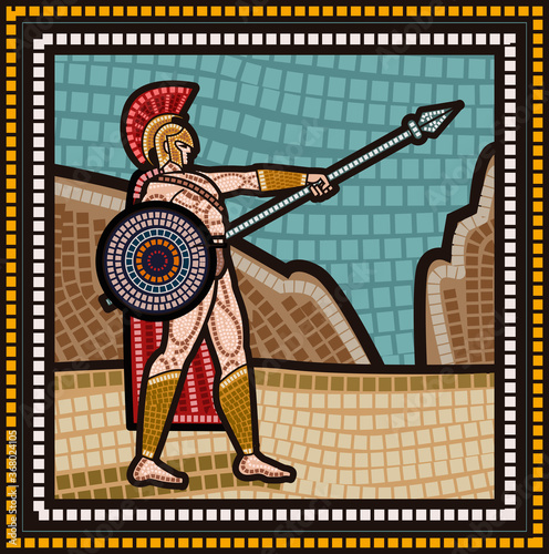 mosaic of an spartan with a sspear and shield