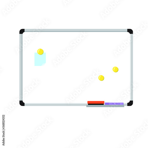 White marker board with magnets, pen and  erasing sponge flat vector illustration. Training class equipment. Use for mockup, background, poster, articles.