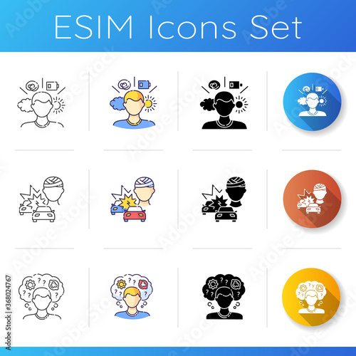 Mental problem icons set. Psychological condition. Halth care help with brain damage. Car collission trauma. Memory loss. Linear, black and RGB color styles. Isolated vector illustrations © bsd studio