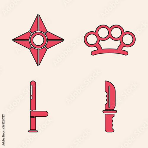 Set Military knife, Japanese ninja shuriken, Brass knuckles and Police rubber baton icon. Vector.