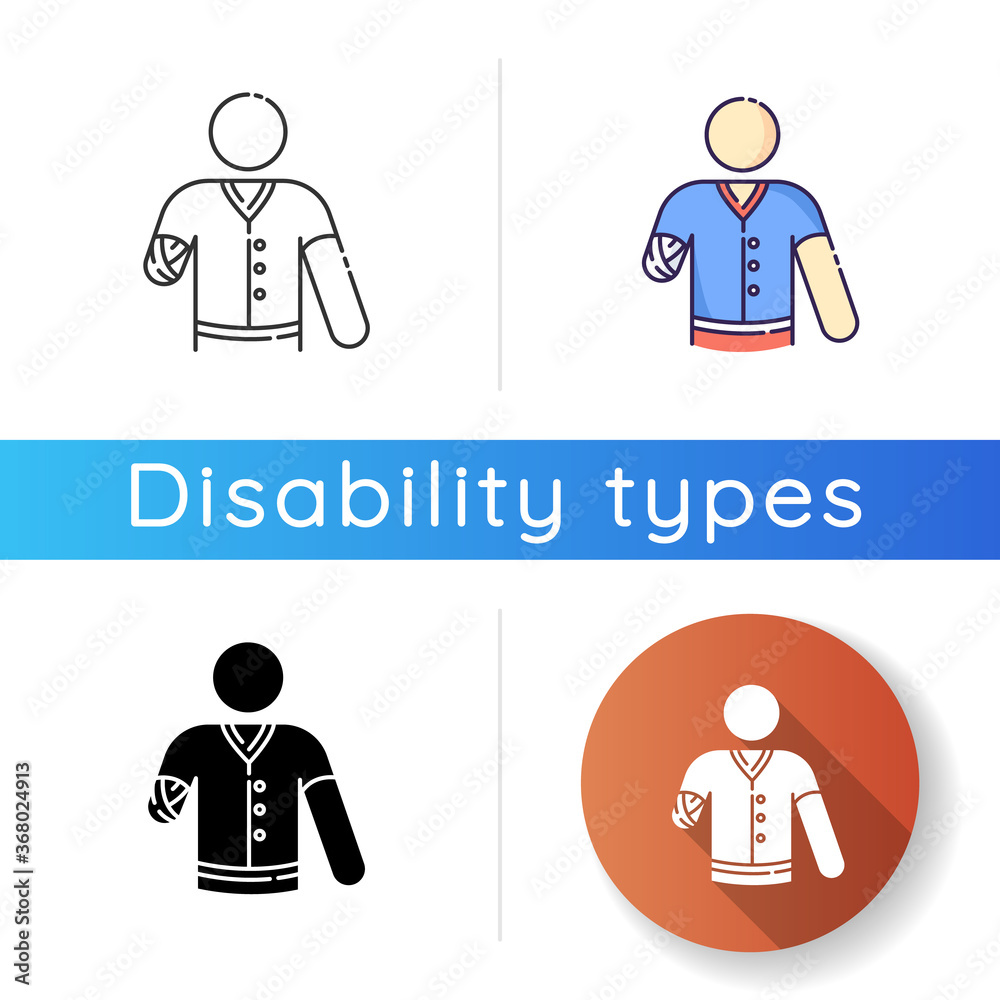 Hand amputee icon. Disabled man. Damaged hand from injury. Patient with trauma. Hospital aid. Medical support after accident. Linear black and RGB color styles. Isolated vector illustrations Hand amputee icon. Disabled man. Damaged hand from injury. Patient with trauma. Hospital aid. Medical support after accident. Linear black and RGB color styles. Isolated vector illustrations