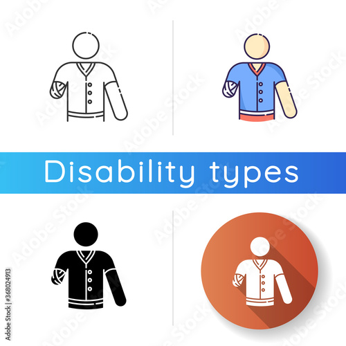 Hand amputee icon. Disabled man. Damaged hand from injury. Patient with trauma. Hospital aid. Medical support after accident. Linear black and RGB color styles. Isolated vector illustrations