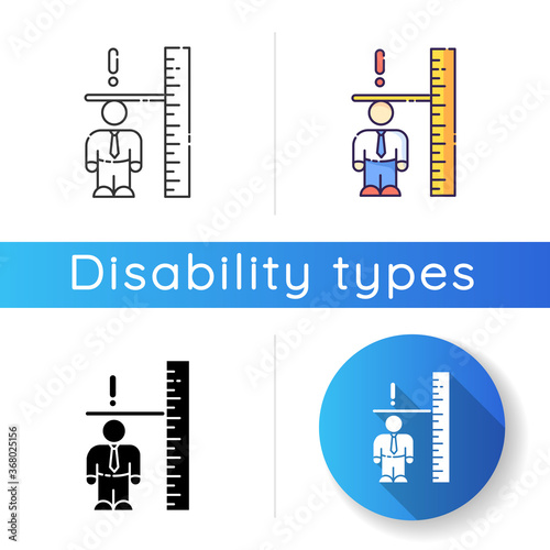 Dwarfism icon. Chronic genetic condition. Person with short height. Measure businessman. Inclusive workplace for handicapped person. Linear black and RGB color styles. Isolated vector illustrations