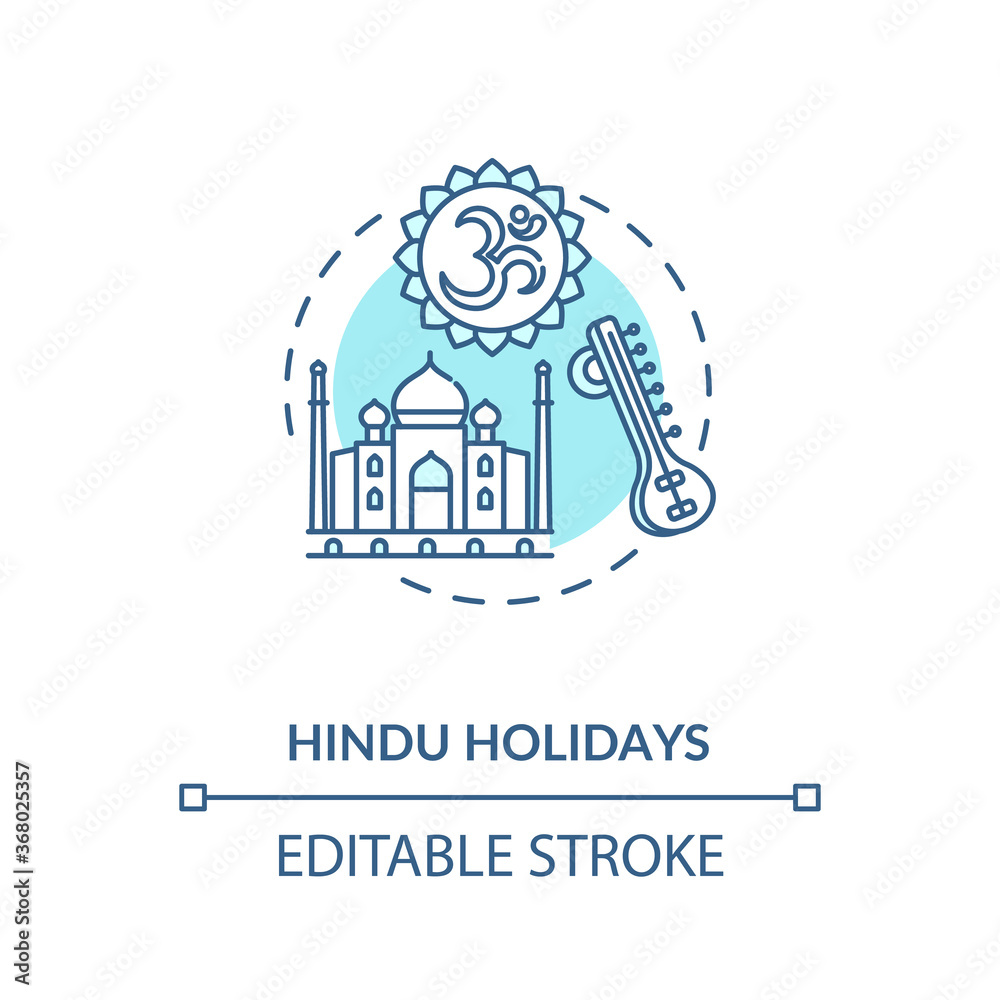 Hindu holidays concept icon. Indian religion, hinduism idea thin line illustration. Traditions of India. Taj Mahal and om sign vector isolated outline RGB color drawing. Editable stroke
