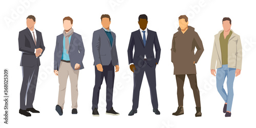 Group of men. Adult people. Flat design vector illustrations. Front view
