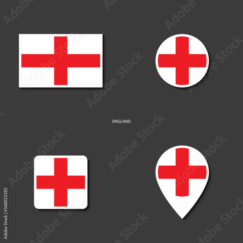 England flag icon set in different shape (rectangle, circle, square and marker icon) on dark grey background. England sticker flag collection on barely dark background.