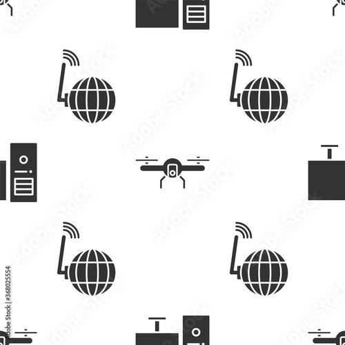 Set Computer monitor, Drone flying and Social network on seamless pattern. Vector.