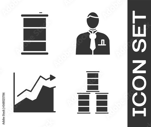 Set Barrel oil, Barrel oil, Oil price increase and Businessman or stock market trader icon. Vector.