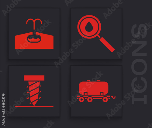 Set Oil railway cistern, Oilfield, Oil drop and Rotating drill digging a hole icon. Vector.