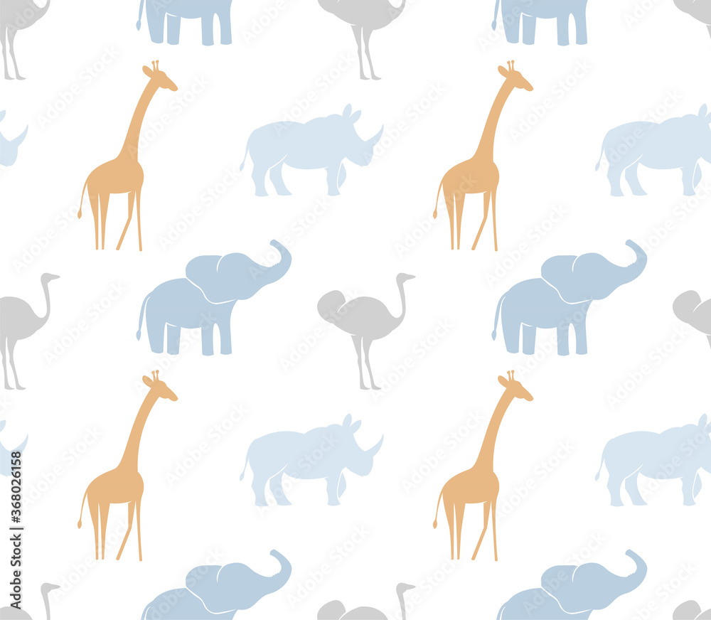 Seamless pattern with abstract African animals, elephant, rhino, emu, cheetah. Trendy safari texture for fabric, wrapping, textile, wallpaper, kids apparel. Pastel colors