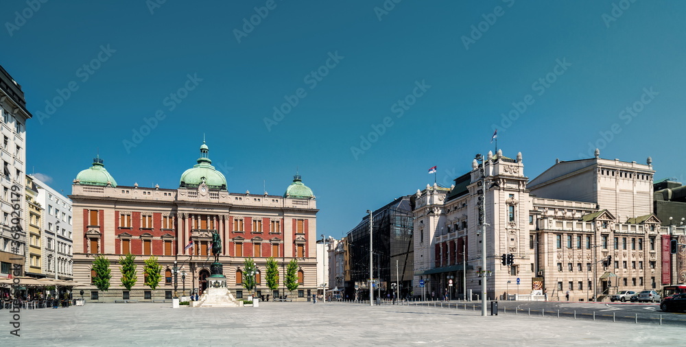 Belgrade, Republic Square, National Museum, Prince Michael sculpture, Serbian National Theatre
