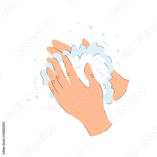 Washing hands, rubbing with foam for virus, microbes or infection prevention isolated on white background. Personal Care Hygiene concept, poster